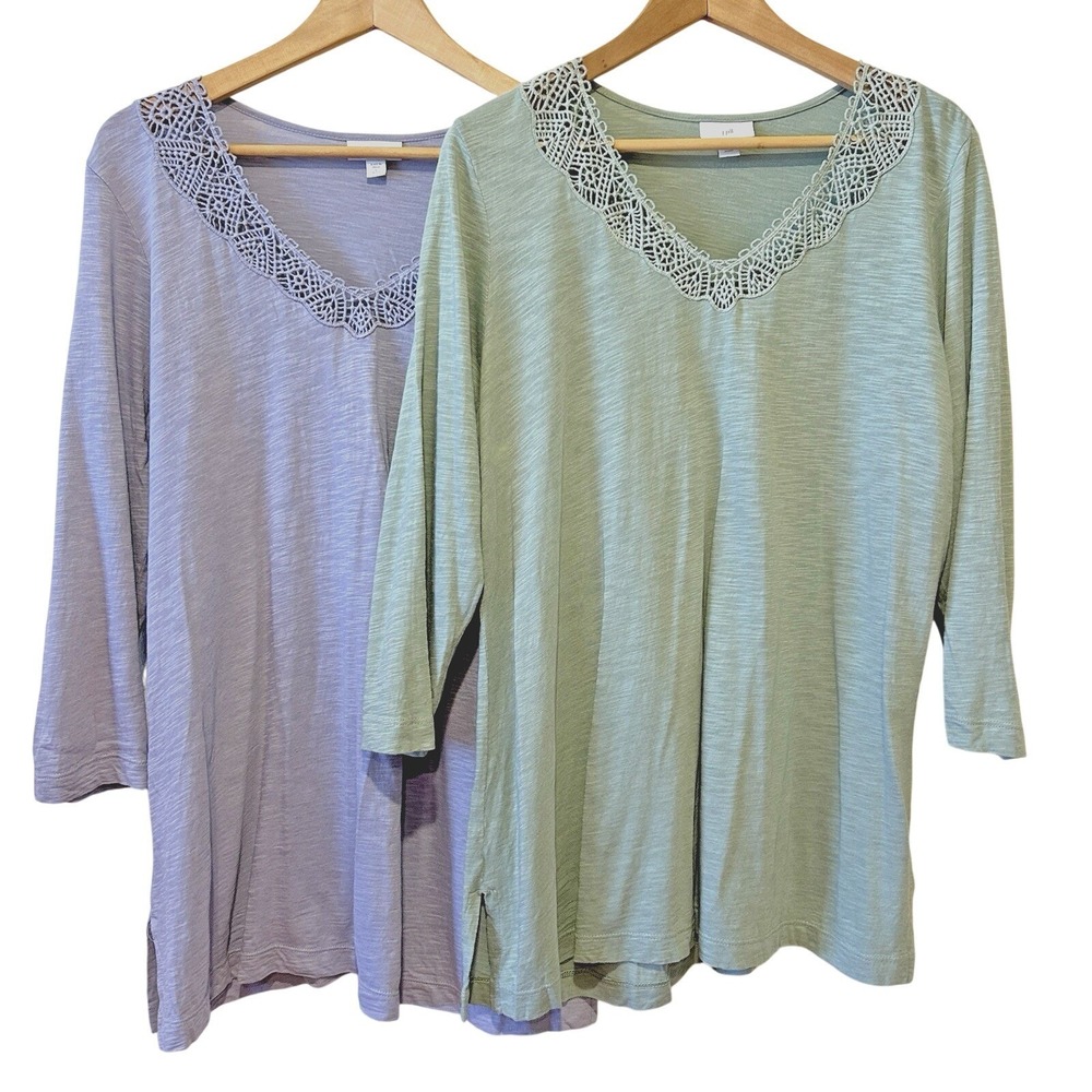 J Jill Set Of 2 Crochet Trim Tunic Tops Purple Green 3/4 Sleeve Cotton Sz LP